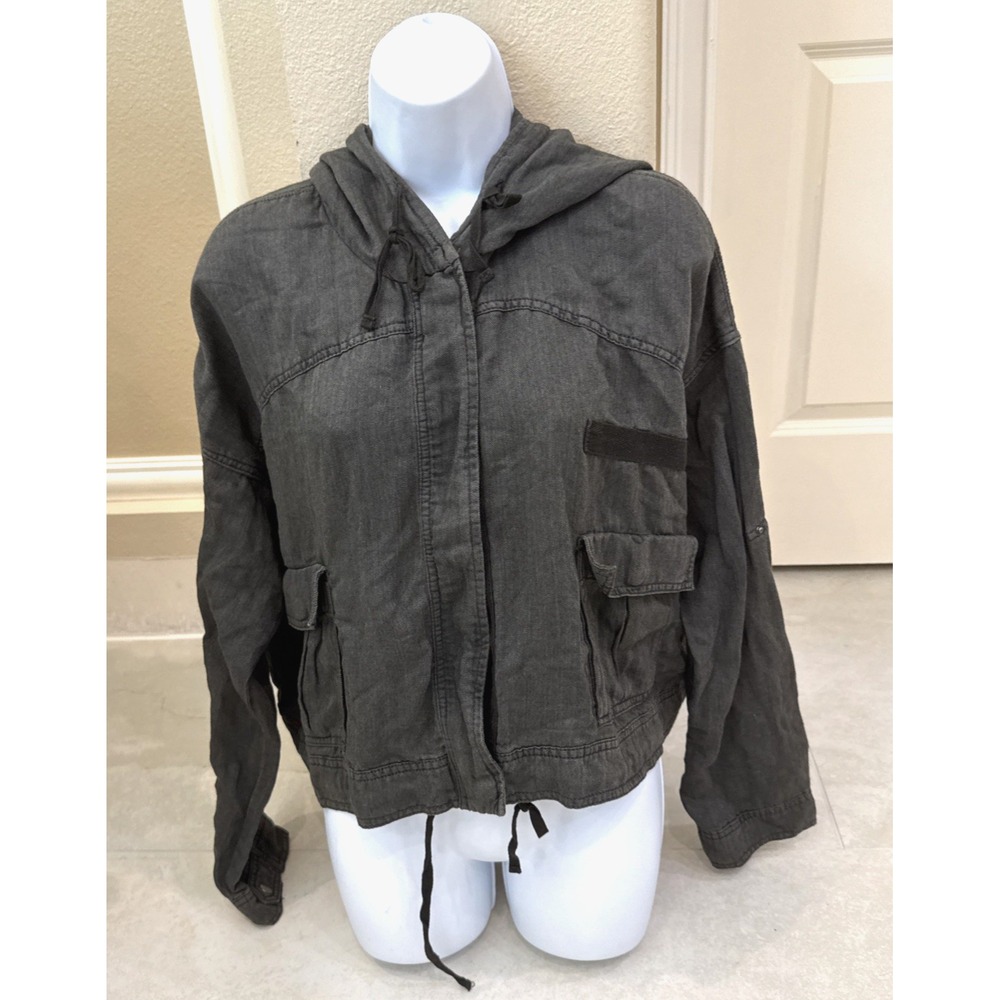 NWT BDG Urban Outfitters Women Green Hood Full Zip Crop Jacket Linen Blend Sz L